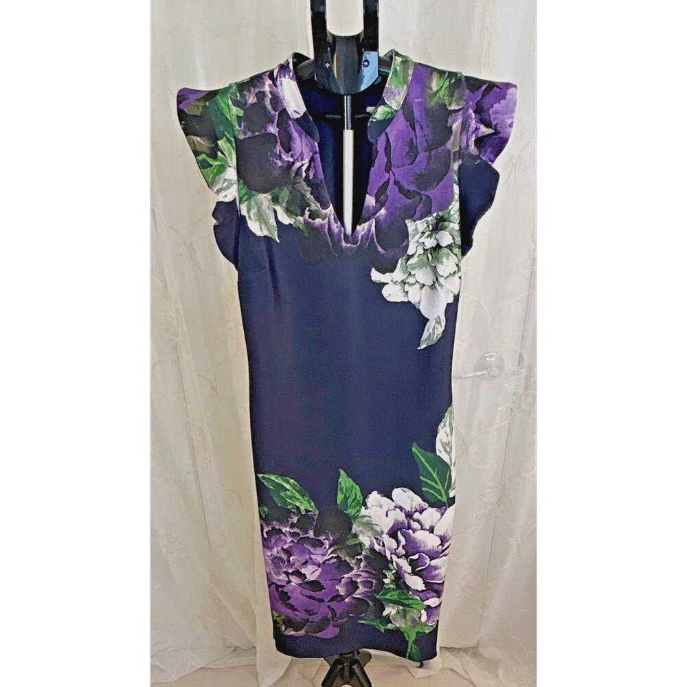 NWT New York & Company Floral Sheath Dress Medium Navy Purple Ruffle Sleeve Midi
